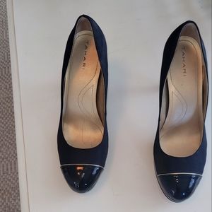Tahari Black High Heels with Patent Toe and Gold Trim , Size 8